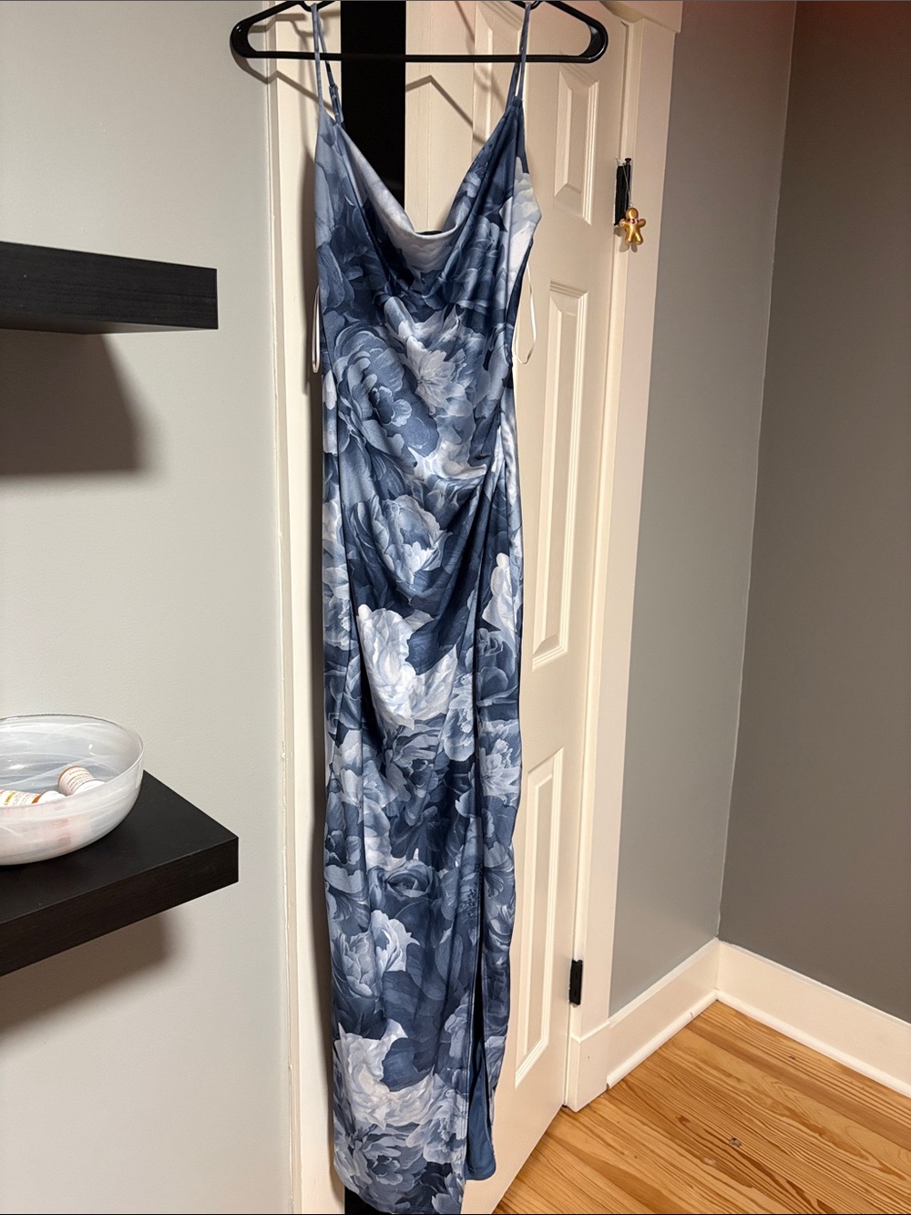 Blue Floral Satin Maxi Slip Dress with Cowl Neck